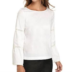 Nannette Lepore White Peasant Top Eyelette Lace Bell Sleeves Size Large